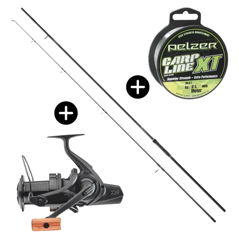 Daiwa Karpfen Komplett Distance Set D-Carp 13ft 3,5lbs 50er Startring + Emblem 45 SCW QD SD + Pelzer Carp Line XT 0,35mm Bezpečná Platba