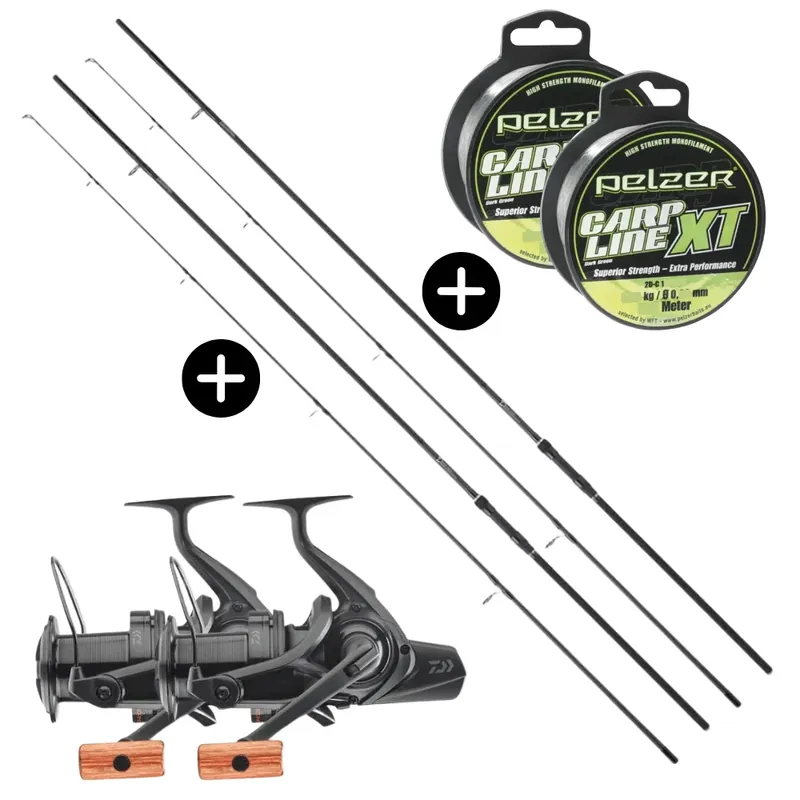 Daiwa Karpfen Komplett Distance Sets 2xD-Carp 13ft 3,5lbs 50er Startring + 2xEmblem 45 SCW QD SD + Pelzer Carp Line XT 0,35mm Omezená Nabídka