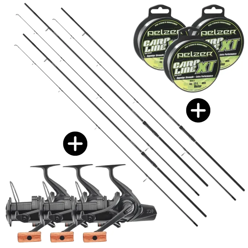 Kup Teď Daiwa Karpfen Komplett Distance Sets 3xD-Carp 13ft 3,5lbs 50er Startring + 3xEmblem 45 SCW QD SD + Pelzer Carp Line XT 0,35mm