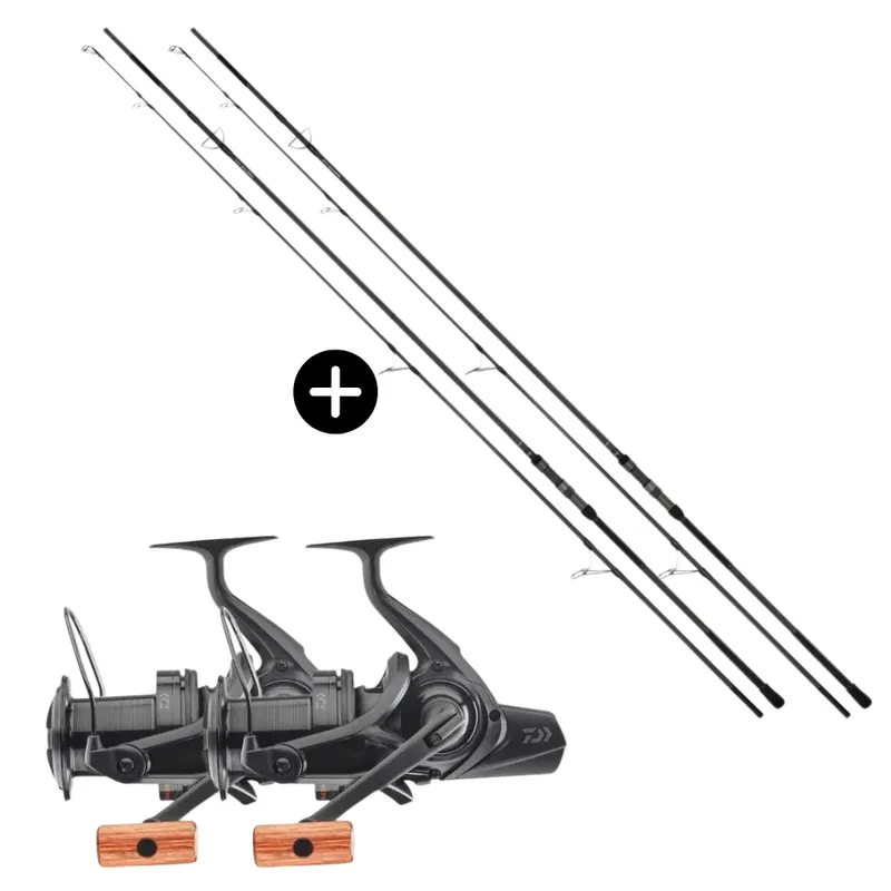 Daiwa Karpfen Profi Sets 2x Emblem XT X45 Karpfenrute 12ft 3,25lbs + 2x Emblem 45 SCQ QD SD Weitwurfrolle Časově Omezené