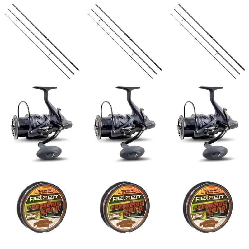 Karpfen Komplett Set 3x Pelzer Bondage LR 12ft 3lbs 3-teilig + 3x Anaconda Rock Hopper BTR 6000 + 3x Pelzer Executive Carp Line 0,28mm 400m Bezpečná Platba