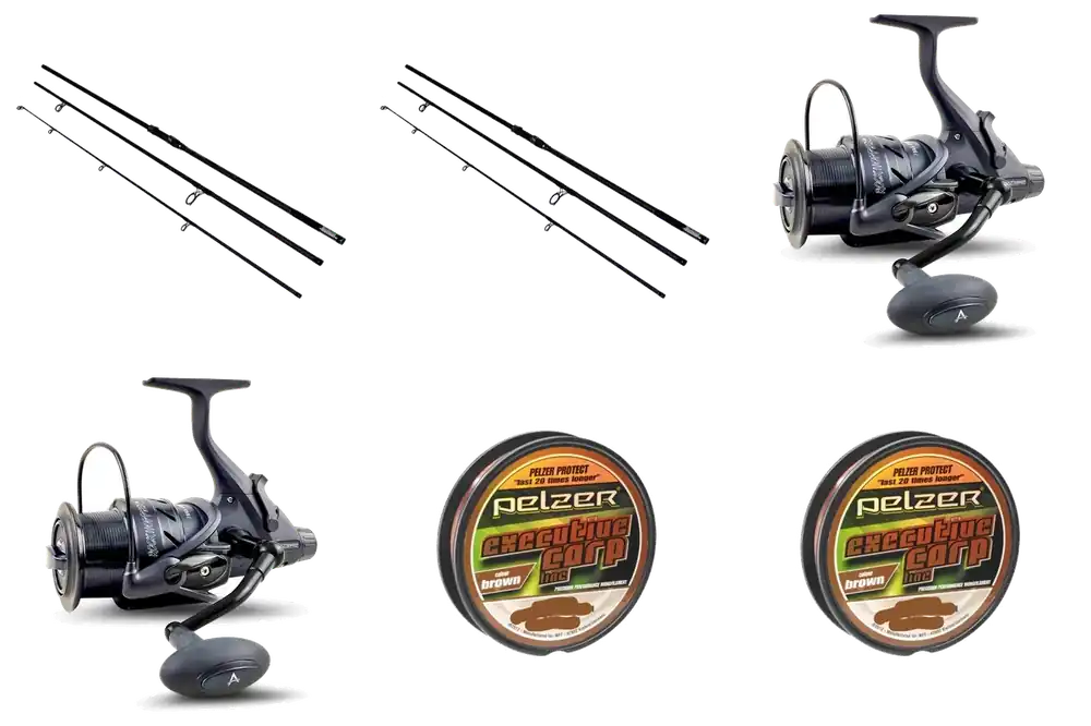 Objednat Nyní Karpfen Komplett Set 2x Pelzer Bondage 12ft 3lbs + 2x Anaconda Rock Hopper BTR 6000 + 2x Pelzer Executive Carp Line 0,28mm 400m