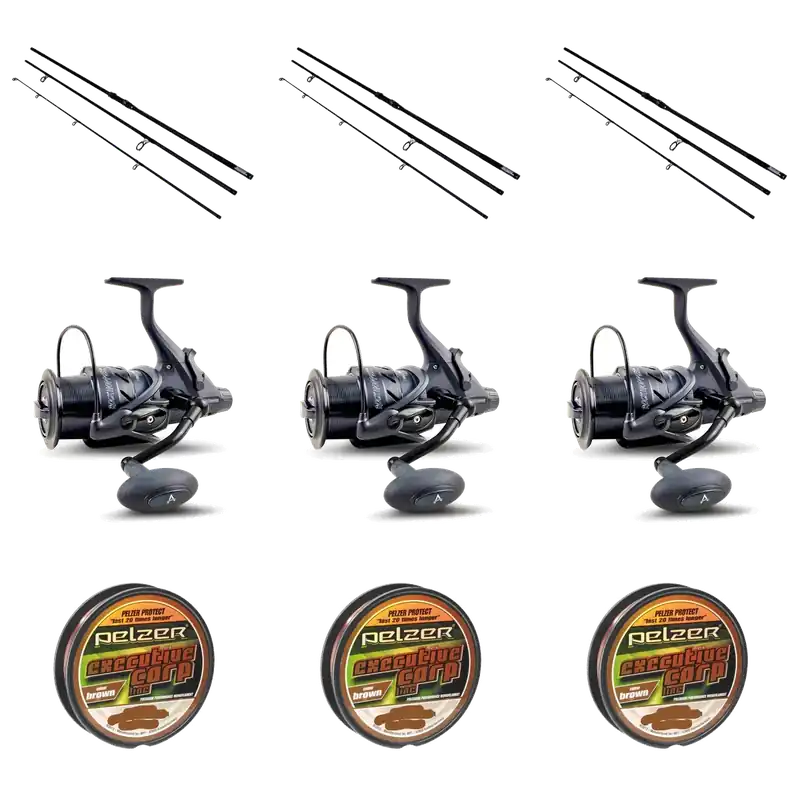 Objednat Nyní Karpfen Komplett Set 3x Pelzer Bondage 12ft 3lbs + 3x Anaconda Rock Hopper BTR 6000 + 3x Pelzer Executive Carp Line 0,28mm 400m