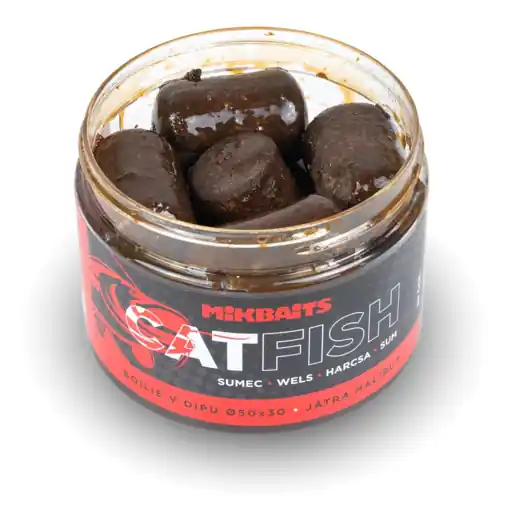Aktuální Catfish Boilie in Dip Liver Halibut 500ml 50x30mm